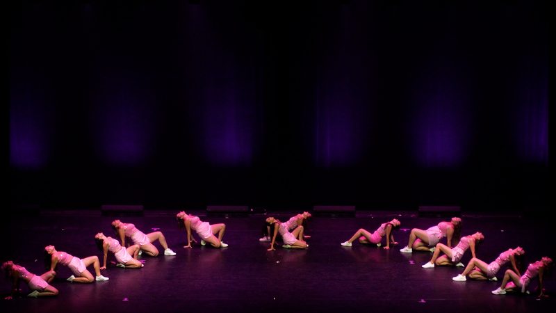 Des danseurs en rose, au sol, en ligne sur la scène.